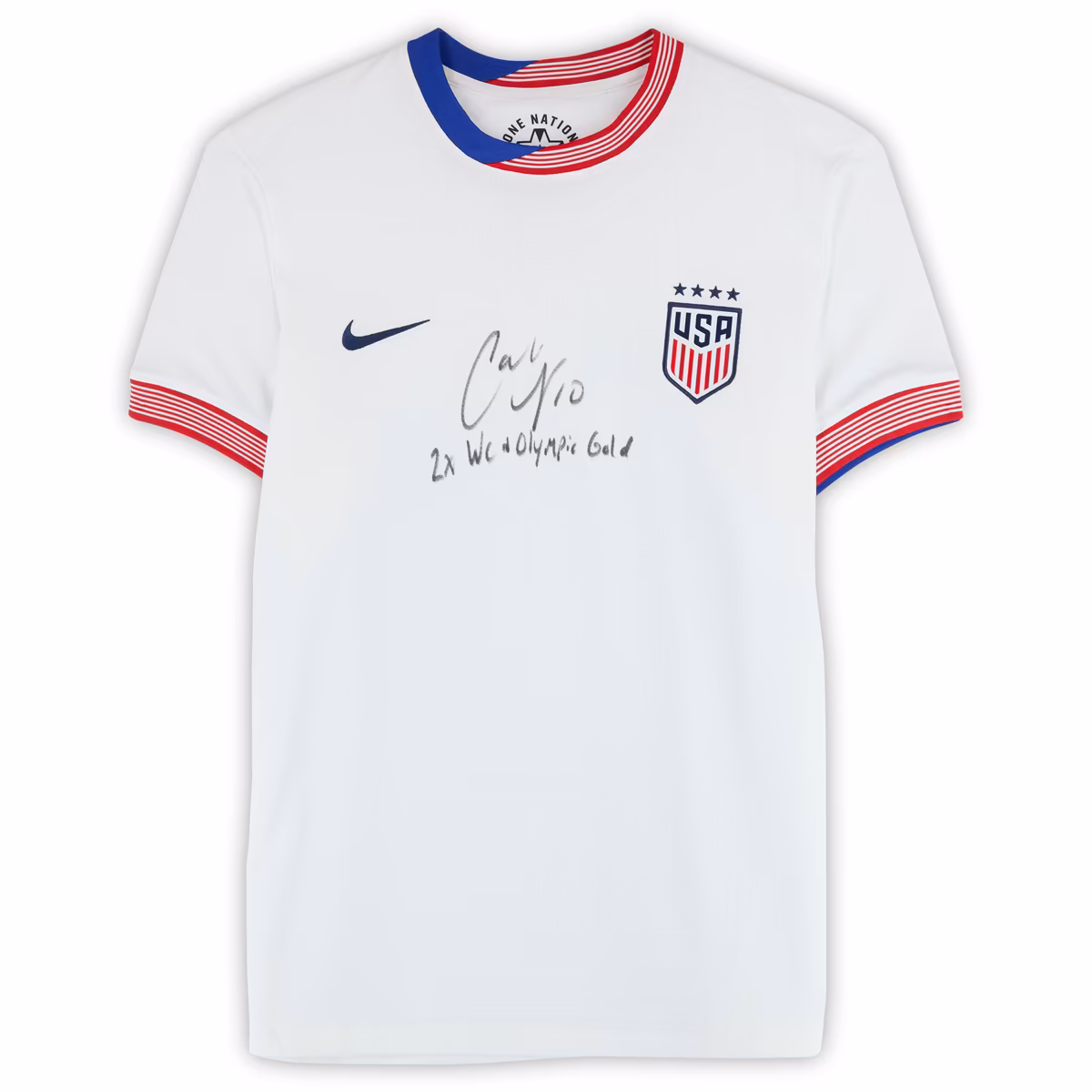 Carli Lloyd USWNT Autographed 2024 White Nike Jersey with "2X WC and Olympic Champ" Inscription - Front Signed