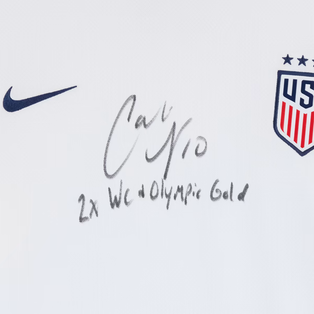 Carli Lloyd USWNT Autographed 2024 White Nike Jersey with "2X WC and Olympic Champ" Inscription - Front Signed 4 Carli Lloyd USWNT Autographed 2024 White Nike Jersey with "2X WC and Olympic Champ" Inscription - Front Signed