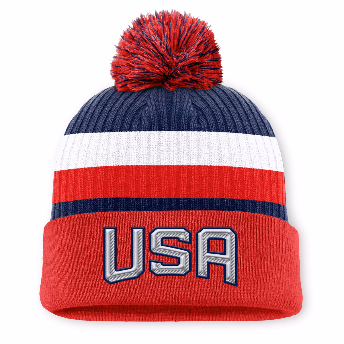 Men's Fanatics Red/Navy USA 2025 4 Nations Face-Off Cuffed Knit Hat with Pom