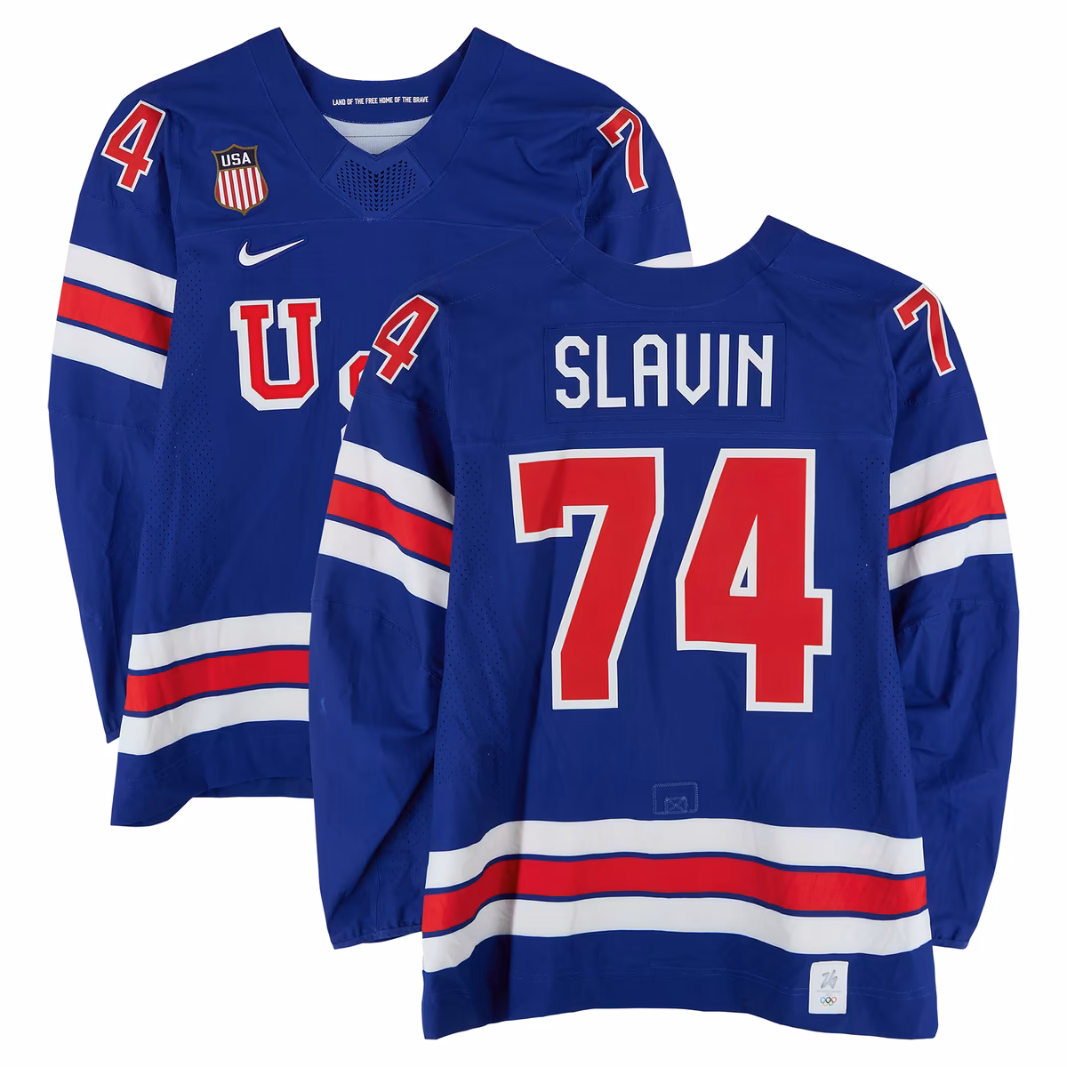 Jaccob Slavin Team USA Game-Used #74 Blue Set 2 Jersey Worn During Warm-Ups and the First Period vs. Team Sweden on February 18, 2026 - Size 60