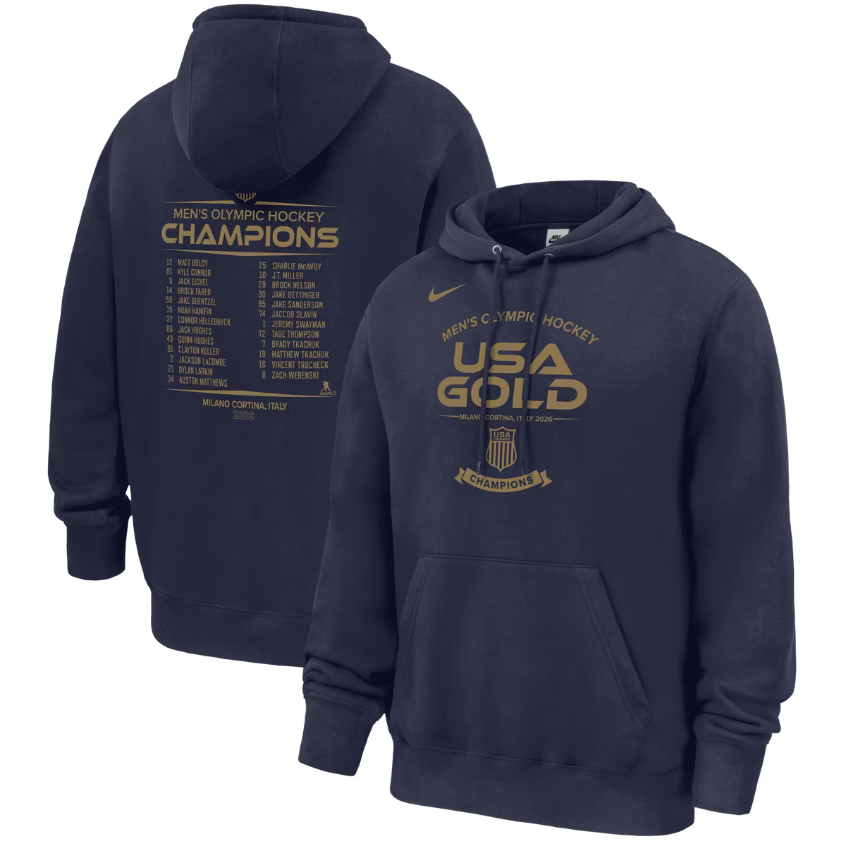 Men's Nike Navy Men's USA Hockey 2026 Winter Olympics Gold Medal Roster Club Fleece Hoodie 1 Men's Nike Navy Men's USA Hockey 2026 Winter Olympics Gold Medal Roster Club Fleece Hoodie