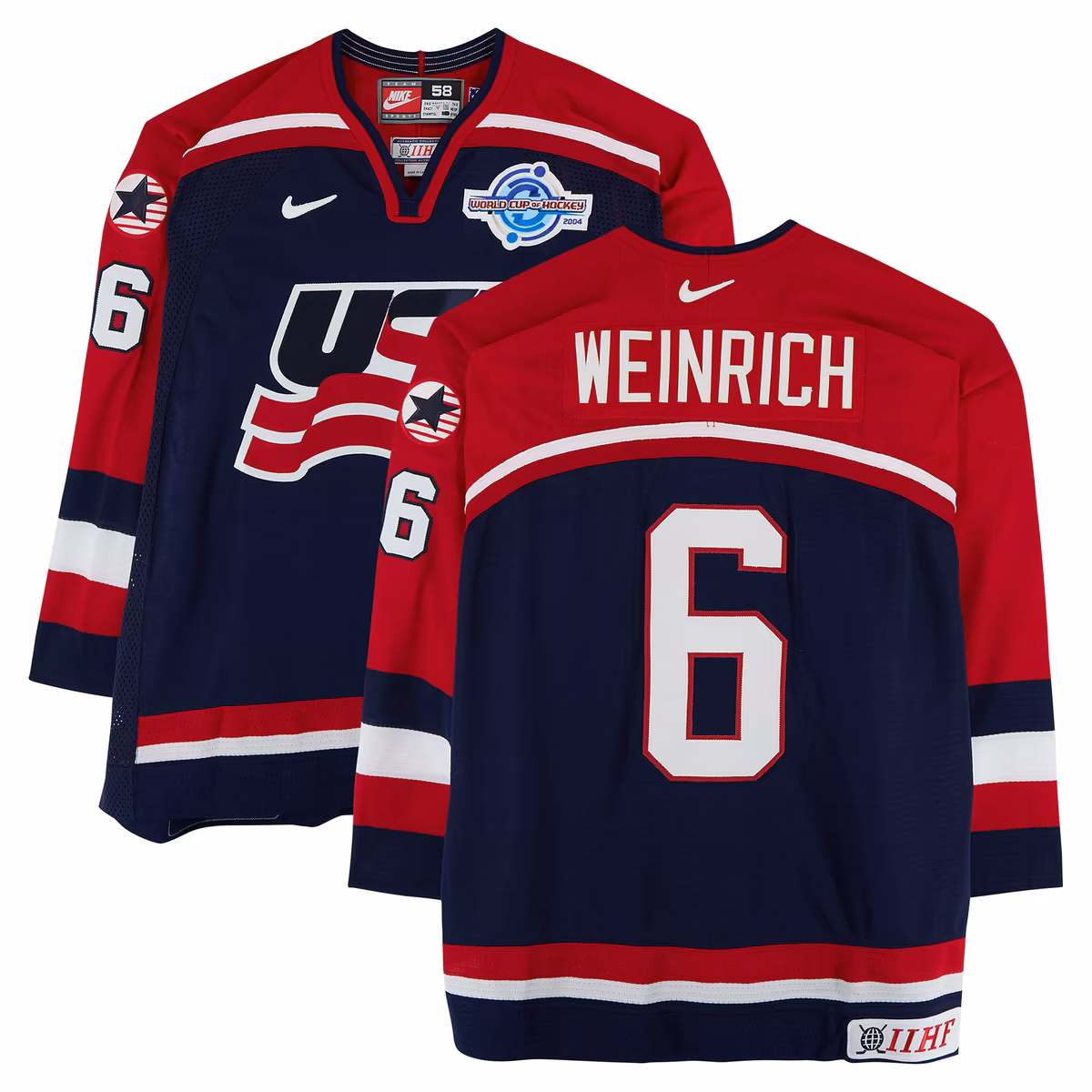 Eric Weinrich Team USA Game-Used #6 Navy Nike Jersey vs. Team Slovakia on September 3 during the 2004 World Cup of Hockey
