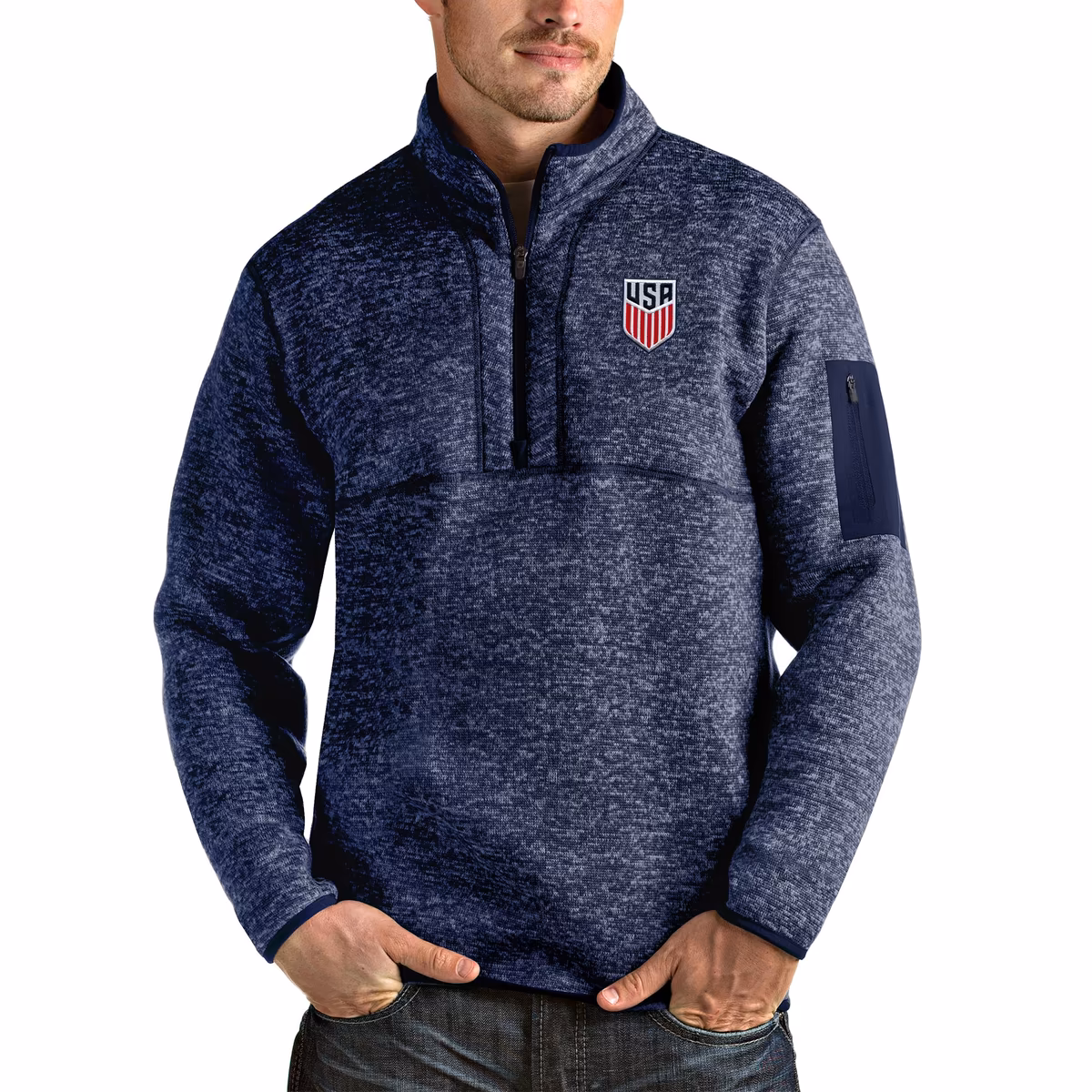 Men's Antigua Heather Navy USMNT Fortune Quarter-Zip Pullover Jacket 1 Men's Antigua Heather Navy USMNT Fortune Quarter-Zip Pullover Jacket