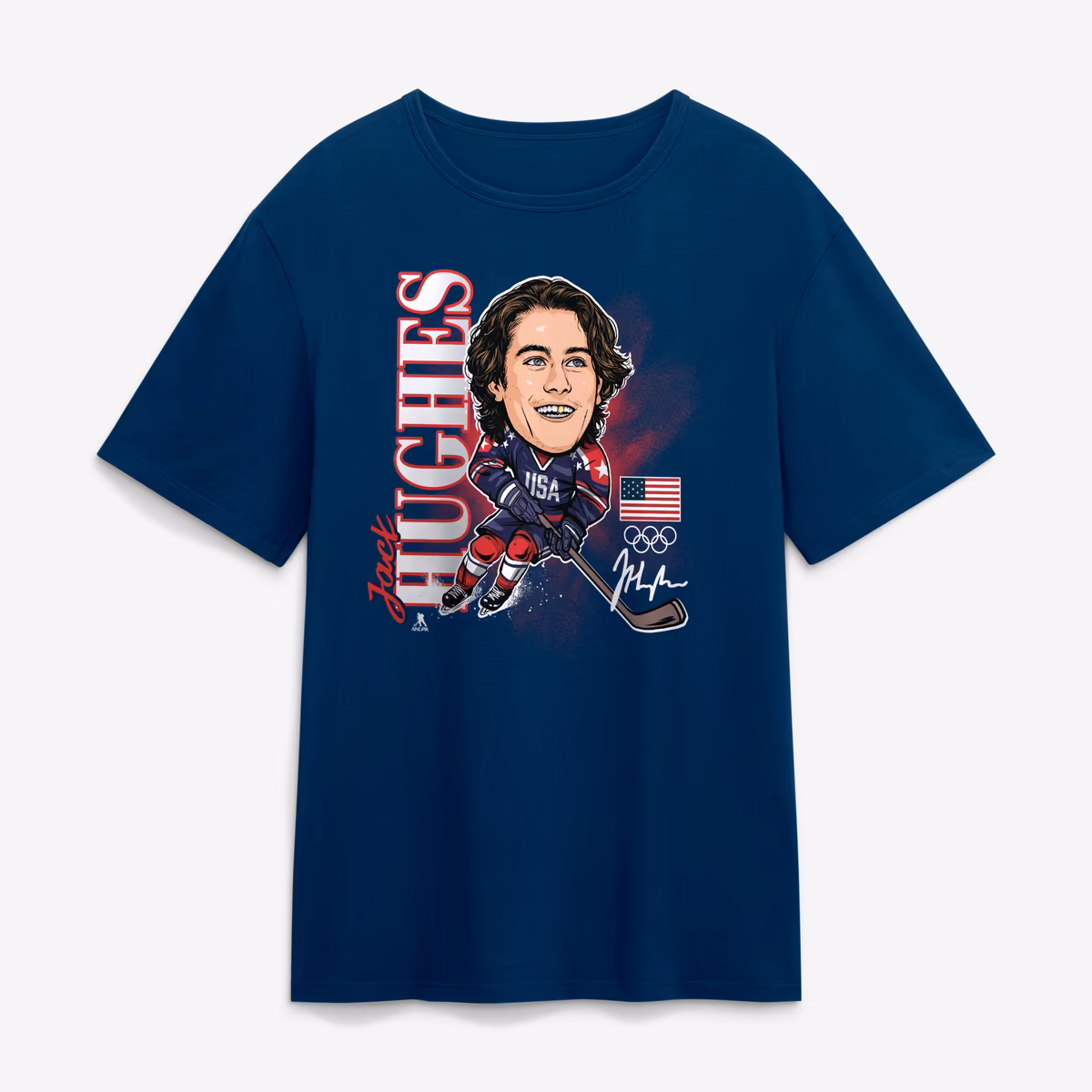Men's Fanatics Jack Hughes Navy US Men's Olympic Hockey Gold Medal Caricature T-Shirt 1 Men's Fanatics Jack Hughes Navy US Men's Olympic Hockey Gold Medal Caricature T-Shirt