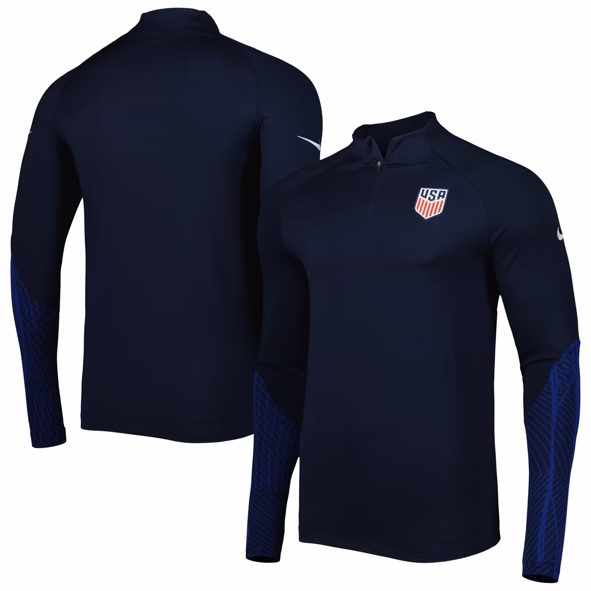 Men's Nike Navy USMNT 2022 Strike Drill Performance Raglan Quarter-Zip Long Sleeve Top