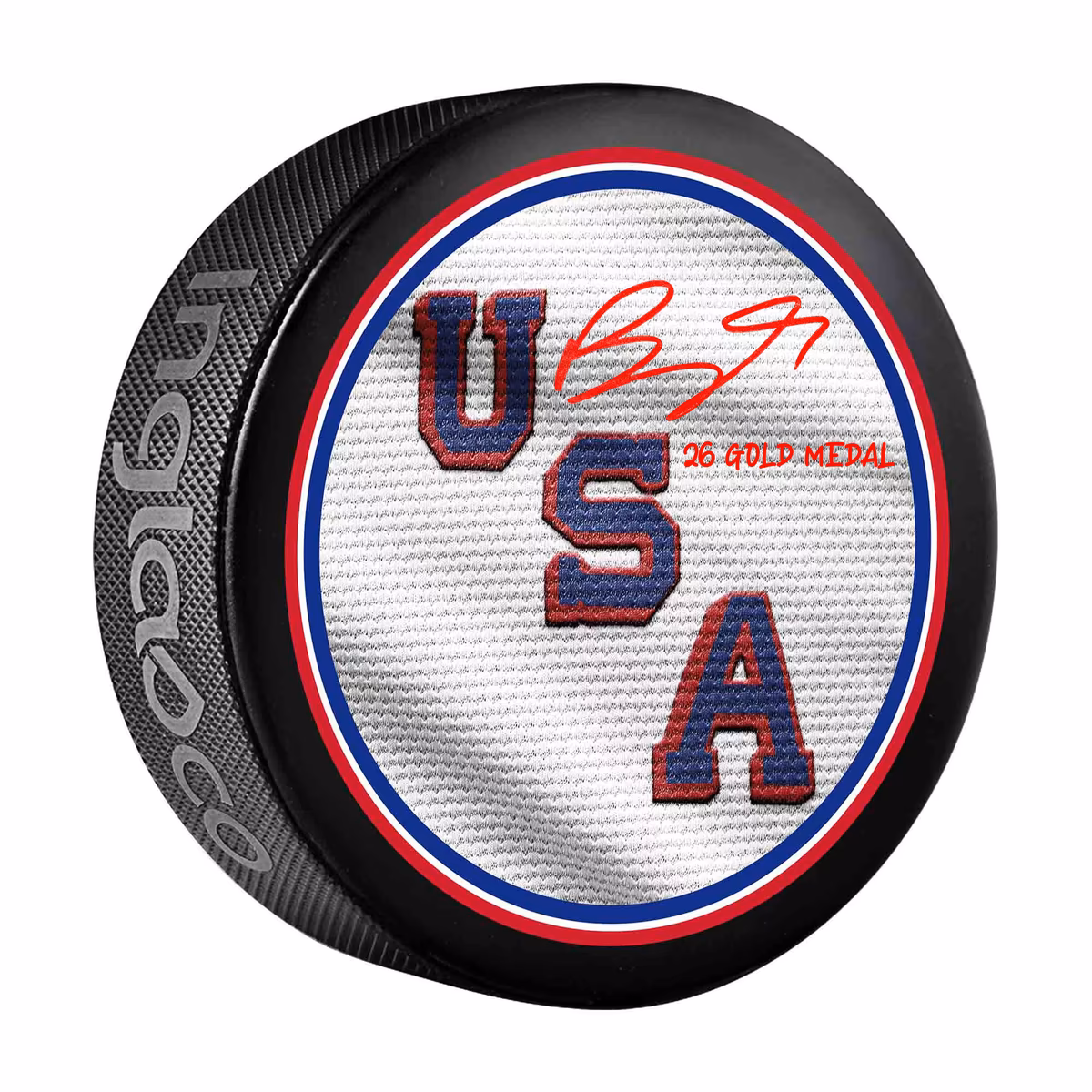 Brady Tkachuk Team USA Autographed 2026 Winter Olympics Hockey Puck with "26 Gold Medal" Inscription