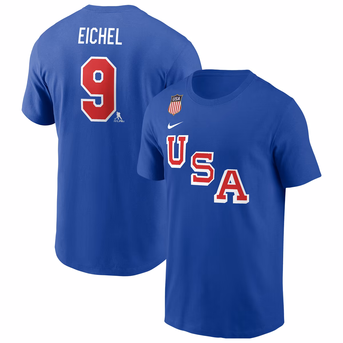 Men's Nike Jack Eichel Royal US Hockey 2026 Name & Number T-Shirt