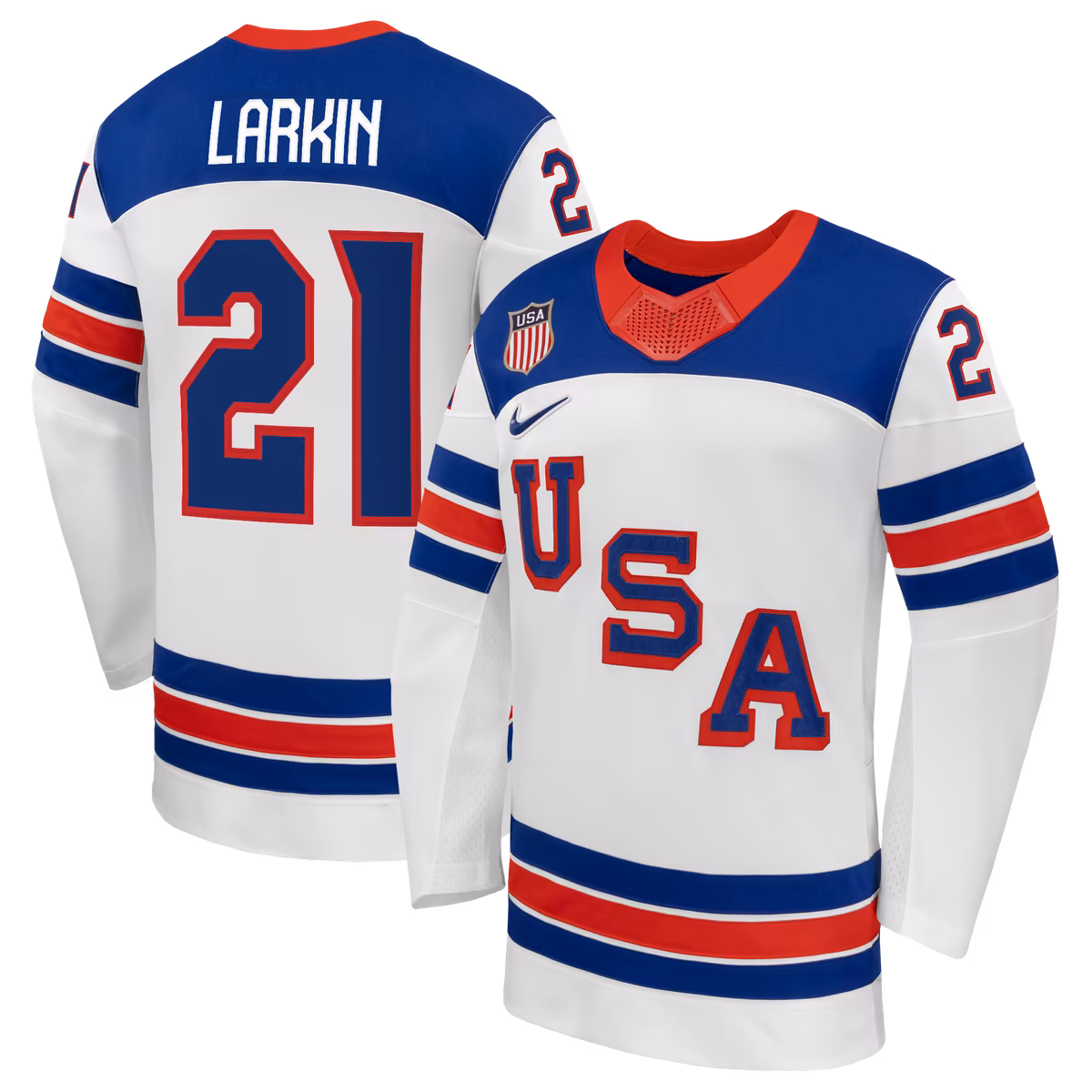 Men's Nike Dylan Larkin White US Hockey 2026 Away Replica Jersey