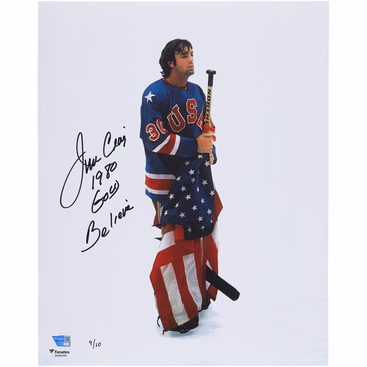 Jim Craig Team USA Autographed 16" x 20" 1980 Olympics Holding Stick & Flag Photograph with Multiple Inscriptions - Limited Edition of 10