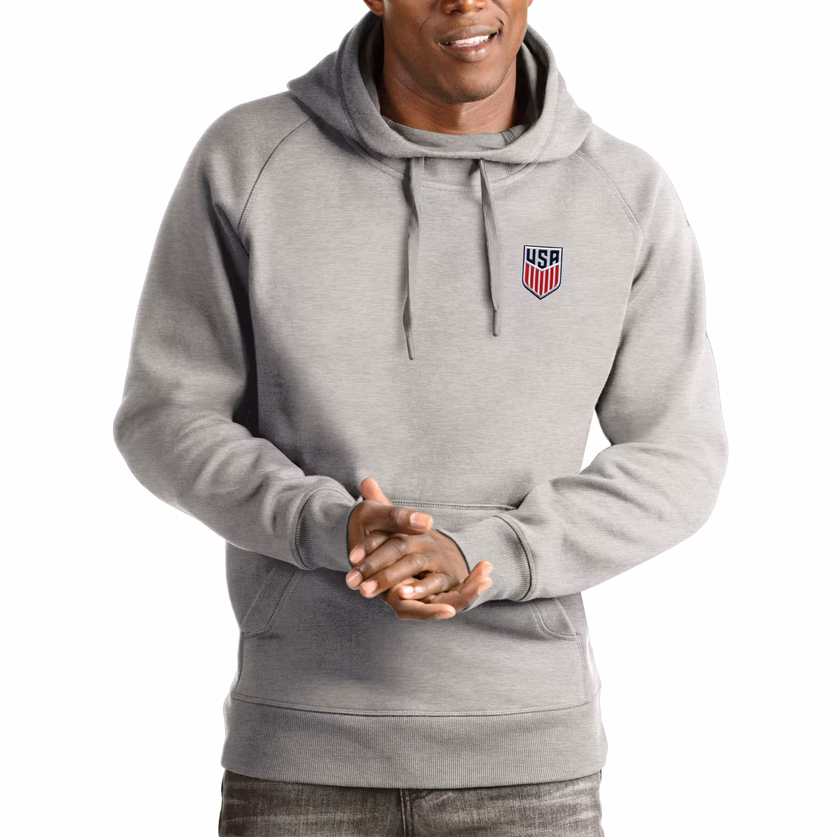 Men's Antigua Gray USMNT Victory Pullover Hoodie 1 Men's Antigua Gray USMNT Victory Pullover Hoodie