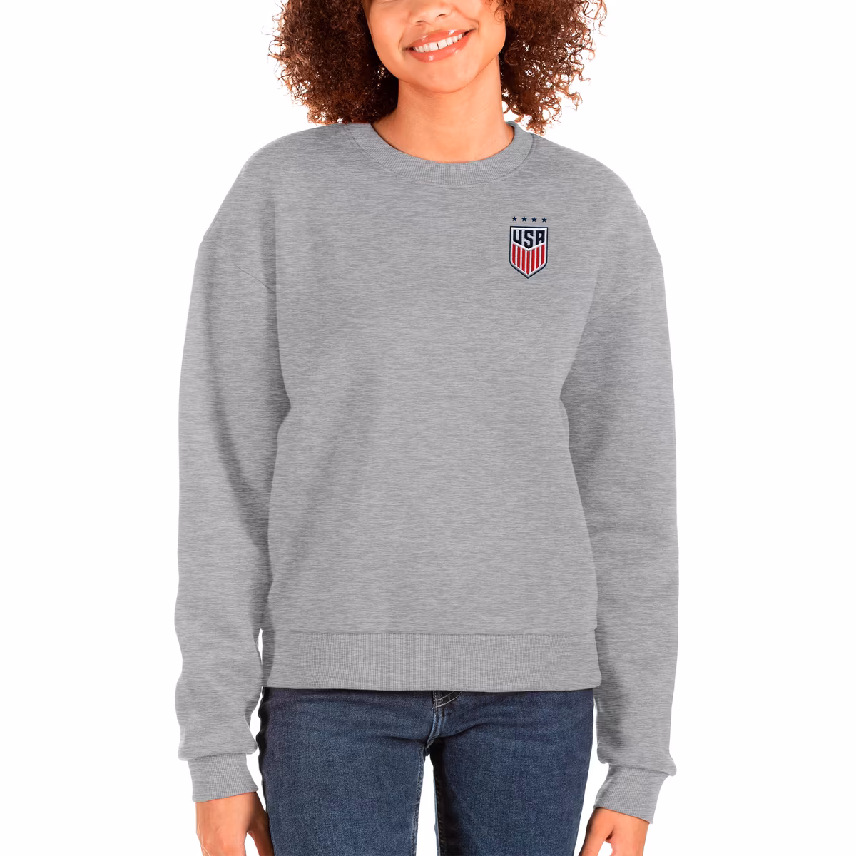Women's Antigua Gray USWNT Victory Crewneck Pullover Sweatshirt 2 Women's Antigua Gray USWNT Victory Crewneck Pullover Sweatshirt