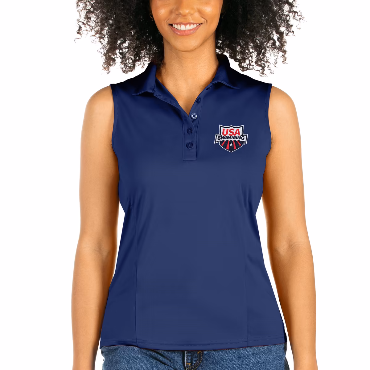 Women's Antigua Navy USA Swimming Sleeveless Tribute Polo