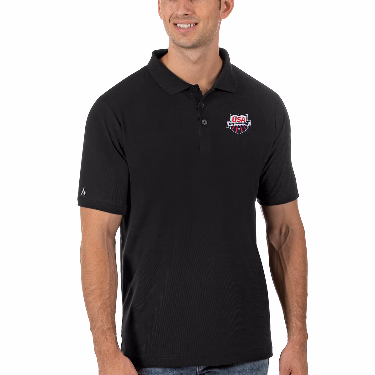 Men's Antigua Black USA Swimming Legacy Pique Polo