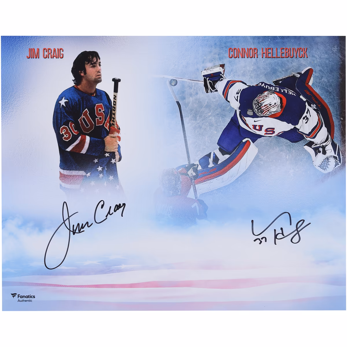 Connor Hellebuyck & Jim Craig Team USA Autographed 16" x 20" USA Stylized Photograph 1 Connor Hellebuyck & Jim Craig Team USA Autographed 16" x 20" USA Stylized Photograph