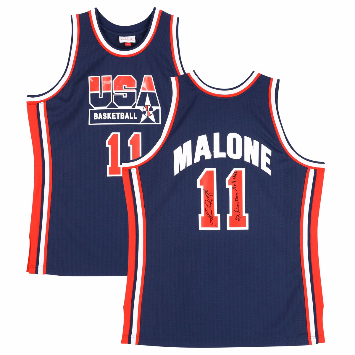 Karl Malone Team USA Autographed Mitchell & Ness Navy 1996 Authentic Jersey with Multiple Inscriptions - Limited Edition #10/10 2 Karl Malone Team USA Autographed Mitchell & Ness Navy 1996 Authentic Jersey with Multiple Inscriptions - Limited Edition #10/10