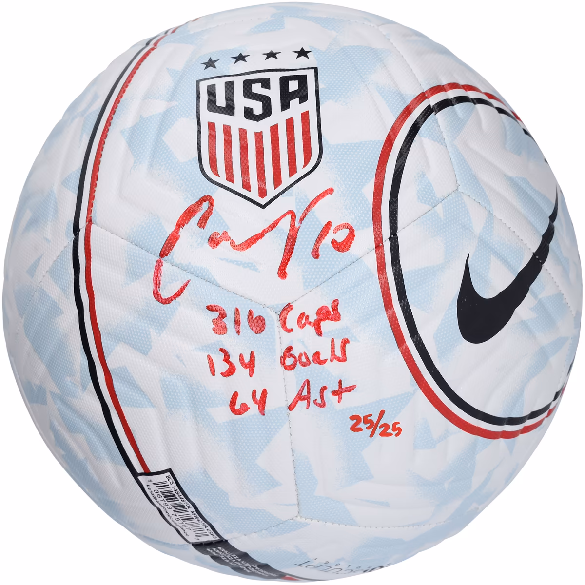 Carli Lloyd USWNT Autographed Nike USA Logo Soccer Ball with Multiple Inscriptions - Limited Edition #25/25 - Signed in Red