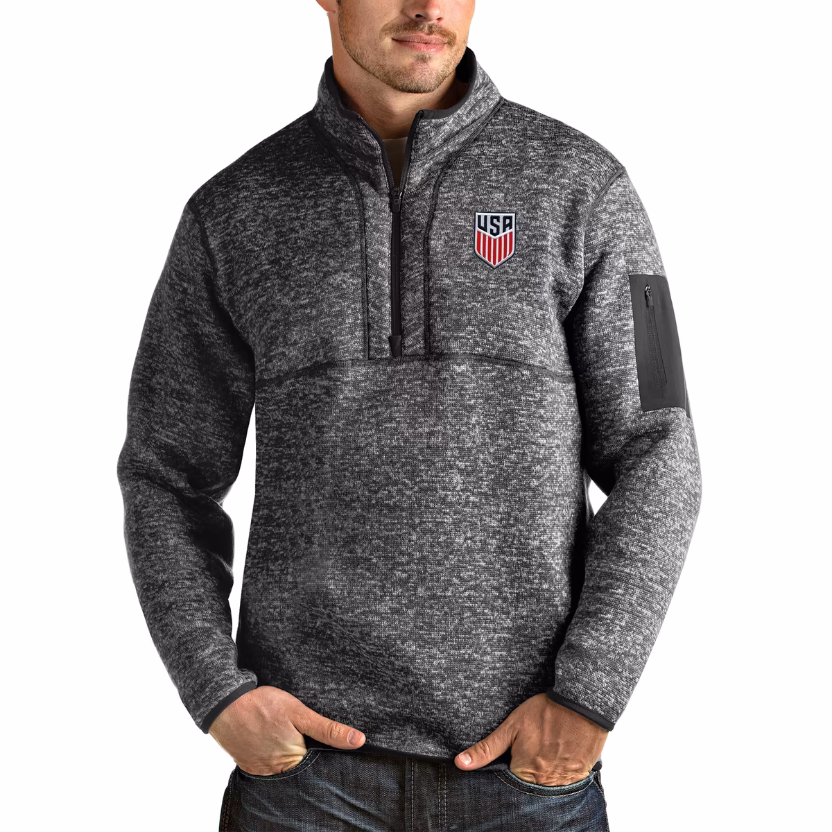 Men's Antigua Heather Charcoal USMNT Fortune Quarter-Zip Pullover Jacket