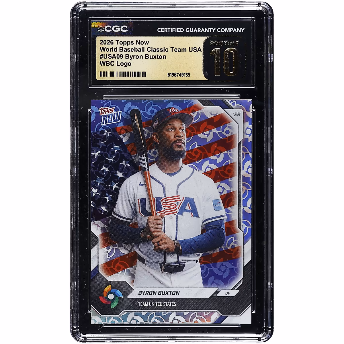 Byron Buxton USA Baseball 2026 Topps Now World Baseball Classic Team USA WBC Logo #USA09 CGC Authenticated PRISTINE 10 Card 1 Byron Buxton USA Baseball 2026 Topps Now World Baseball Classic Team USA WBC Logo #USA09 CGC Authenticated PRISTINE 10 Card