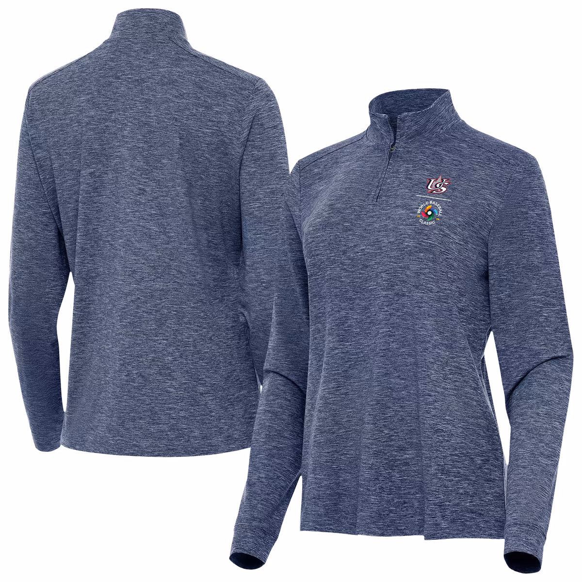 Women's Antigua Heather Navy USA Baseball Mentor Long Sleeve Quarter-Zip Mock Polo 1 Women's Antigua Heather Navy USA Baseball Mentor Long Sleeve Quarter-Zip Mock Polo
