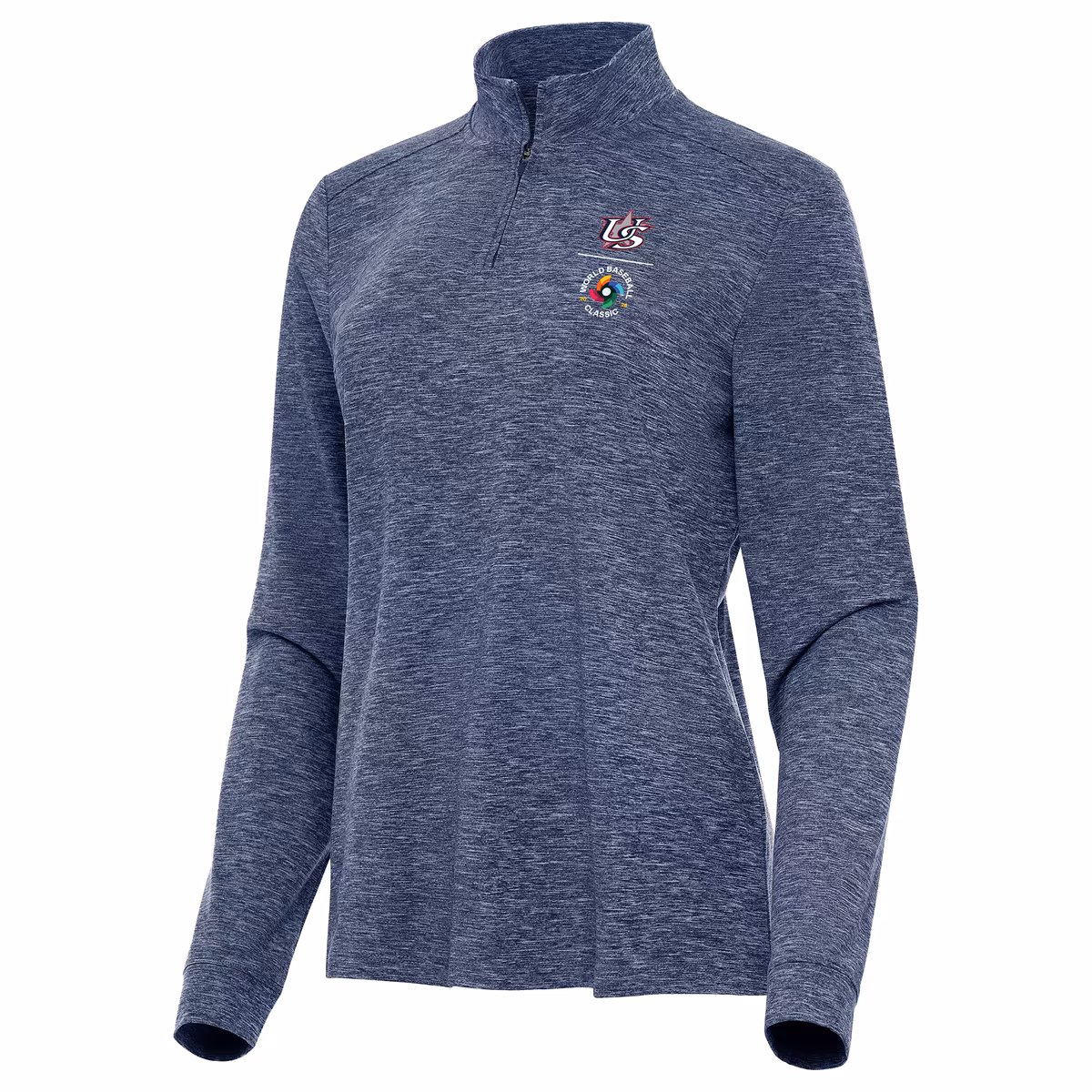 Women's Antigua Heather Navy USA Baseball Mentor Long Sleeve Quarter-Zip Mock Polo 2 Women's Antigua Heather Navy USA Baseball Mentor Long Sleeve Quarter-Zip Mock Polo