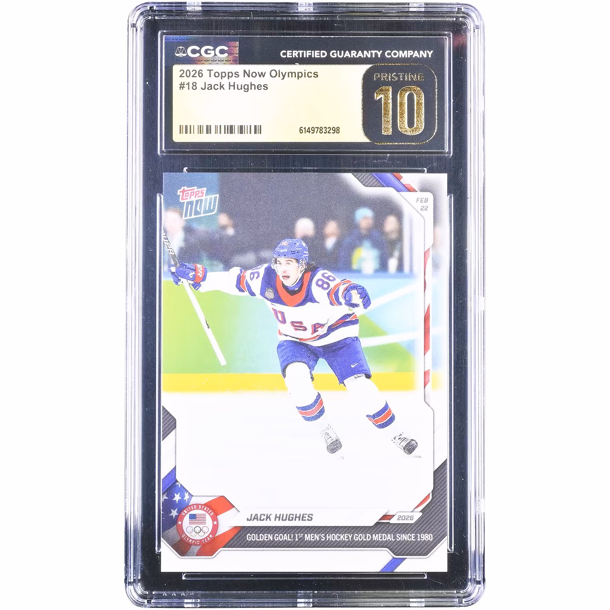 Jack Hughes Team USA 2026 Topps Now Olympics Golden Goal! 1st Men's Hockey Gold Medal Since 1980 #18 CGC Authenticated PRISTINE 10 Card 5 Jack Hughes Team USA 2026 Topps Now Olympics Golden Goal! 1st Men's Hockey Gold Medal Since 1980 #18 CGC Authenticated PRISTINE 10 Card