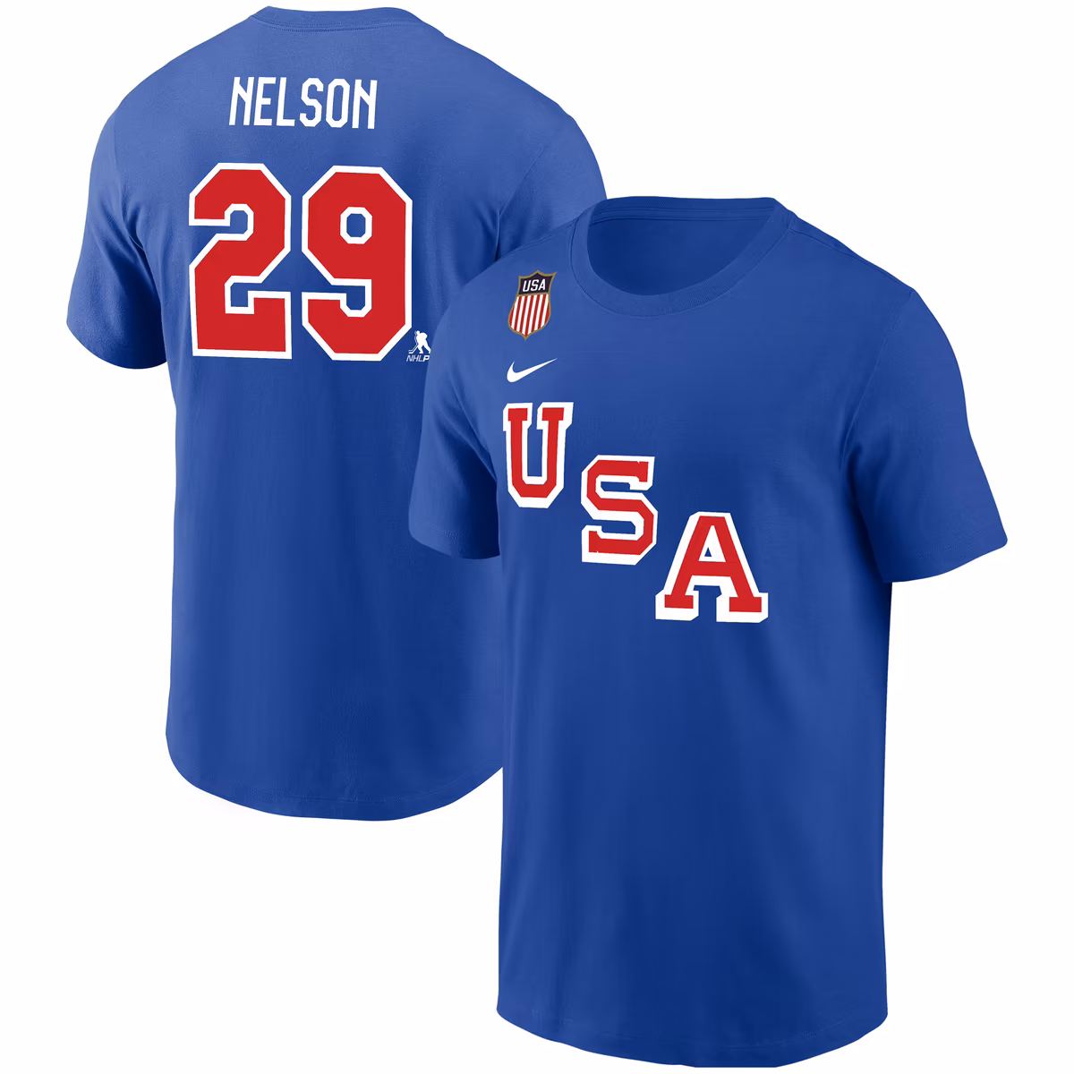 Men's Nike Brock Nelson Royal USA Hockey Name & Number T-Shirt