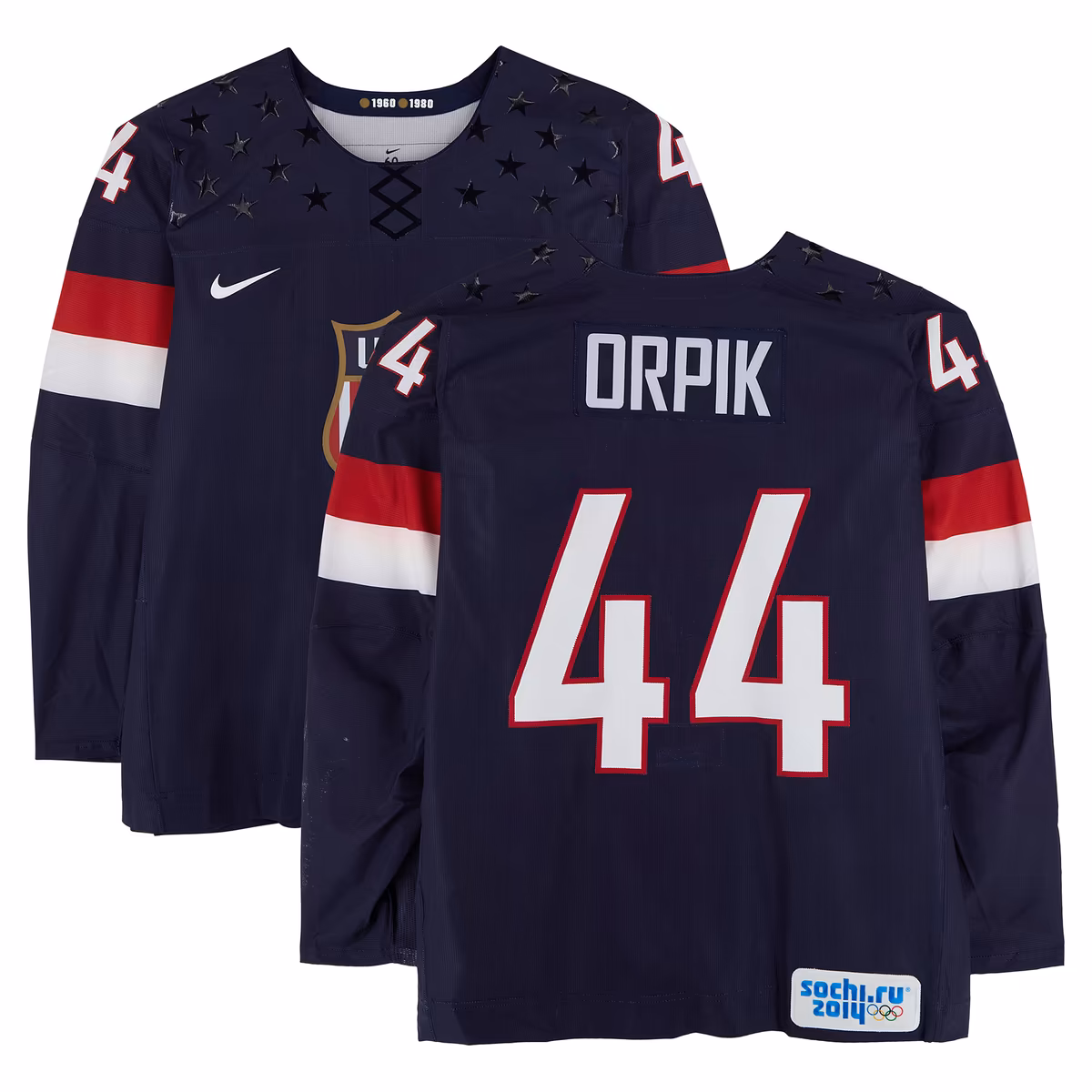 Brooks Orpik Team USA Game-Used #44 Navy Nike Jersey vs. Team Russia on February 15 during the 2014 Olympic Games - Worn During the First Period