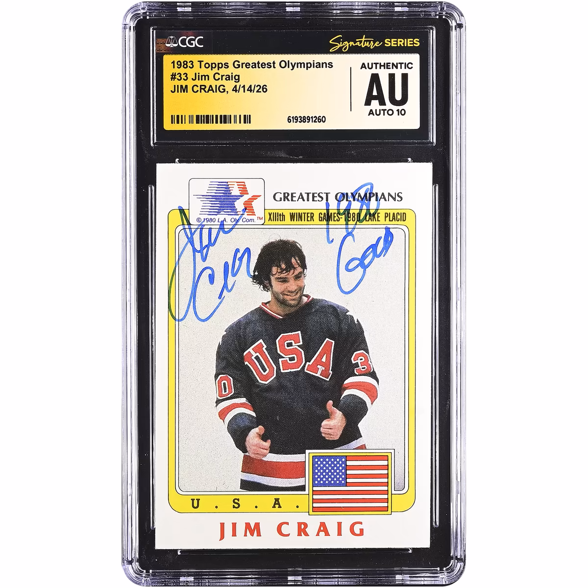 Jim Craig US Hockey Autographed 1983 Topps Greatest Olympians #33 CGC Fanatics Witnessed Authenticated AUTO 10 Card with "1980 Gold" Inscription 1 Jim Craig US Hockey Autographed 1983 Topps Greatest Olympians #33 CGC Fanatics Witnessed Authenticated AUTO 10 Card with "1980 Gold" Inscription