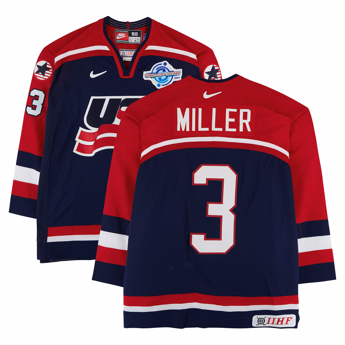 Aaron Miller Team USA Game-Used #3 Navy Nike Jersey vs. Team Slovakia on September 3 during the 2004 World Cup of Hockey