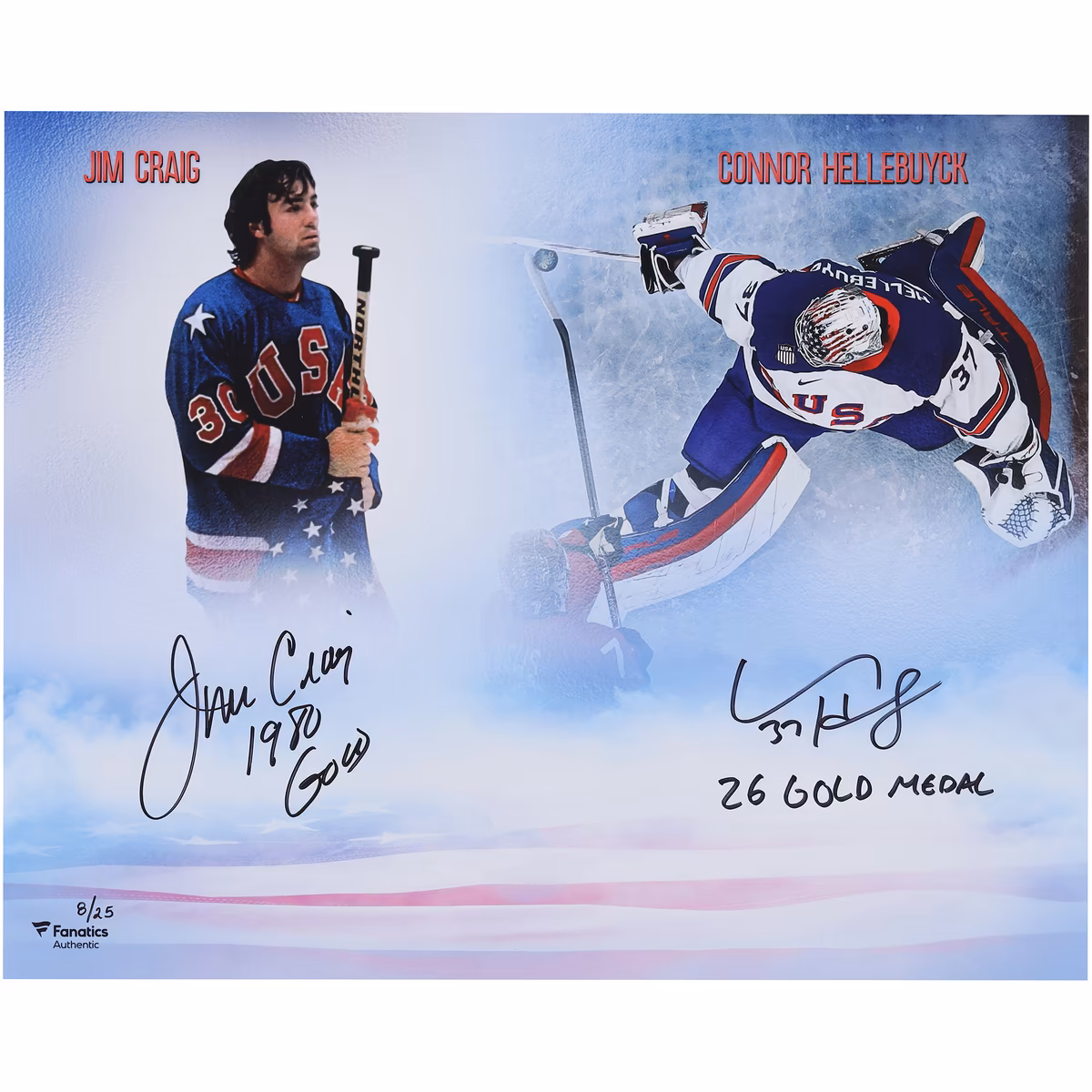 Connor Hellebuyck & Jim Craig Team USA Autographed 16" x 20" USA Stylized Photograph with Multiple Inscriptions - Limited Edition of 25 2 Connor Hellebuyck & Jim Craig Team USA Autographed 16" x 20" USA Stylized Photograph with Multiple Inscriptions - Limited Edition of 25