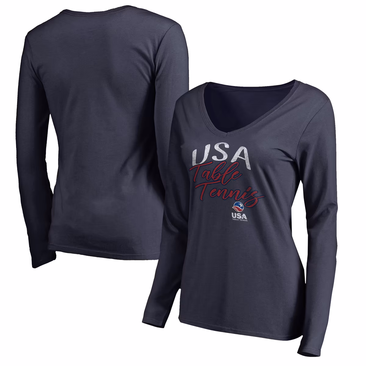 Women's Navy USA Table Tennis Graceful Long Sleeve V-Neck T-Shirt