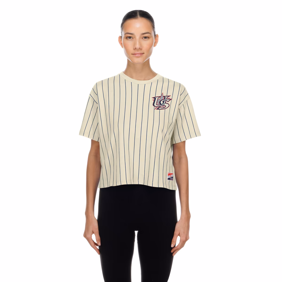 Women's New Era Cream Team USA LA 2028 Summer Olympics Mesh Back Pinstripe Boxy T-Shirt 1 Women's New Era Cream Team USA LA 2028 Summer Olympics Mesh Back Pinstripe Boxy T-Shirt