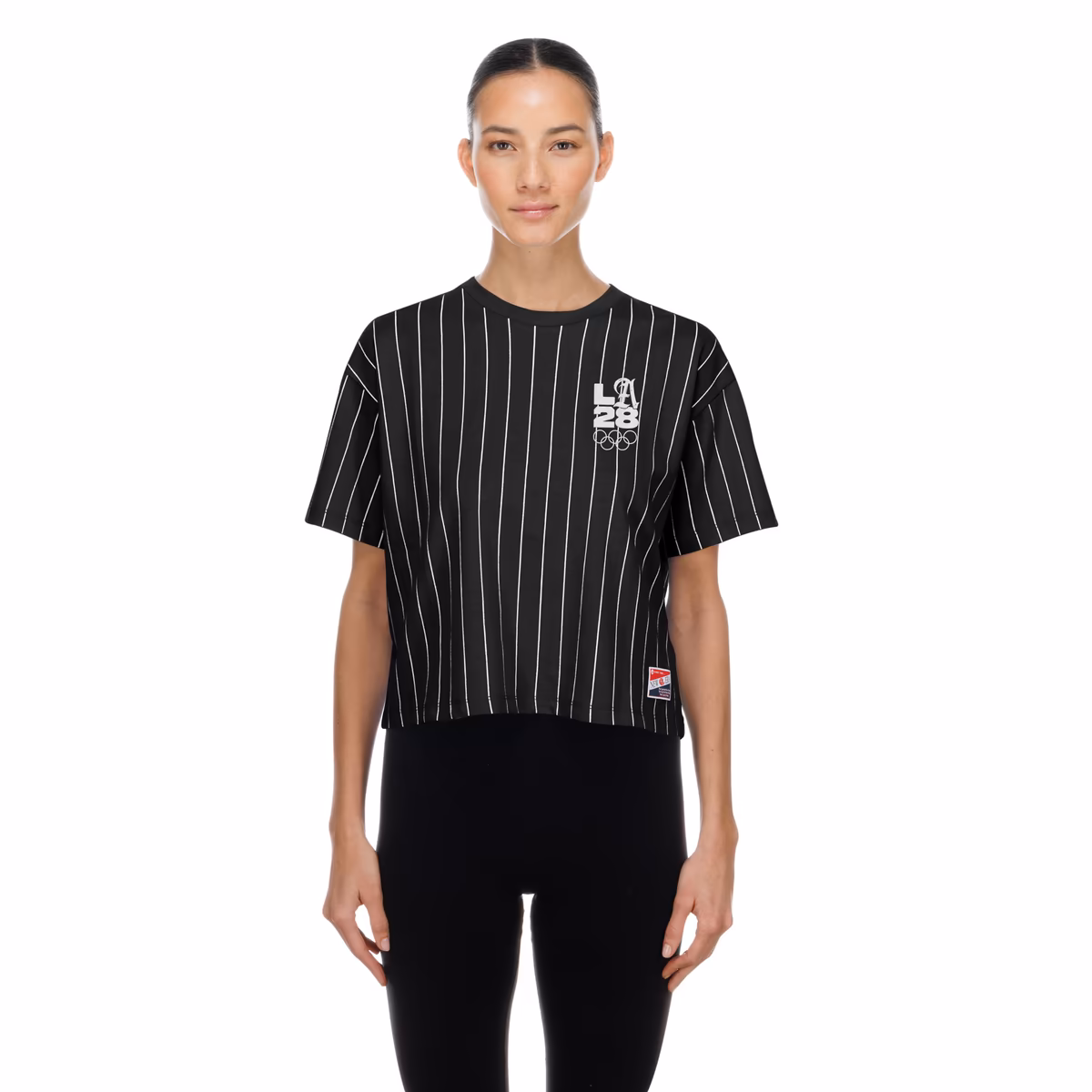 Women's New Era  Black LA 2028 Summer Olympics Mesh Back Pinstripe Boxy T-Shirt