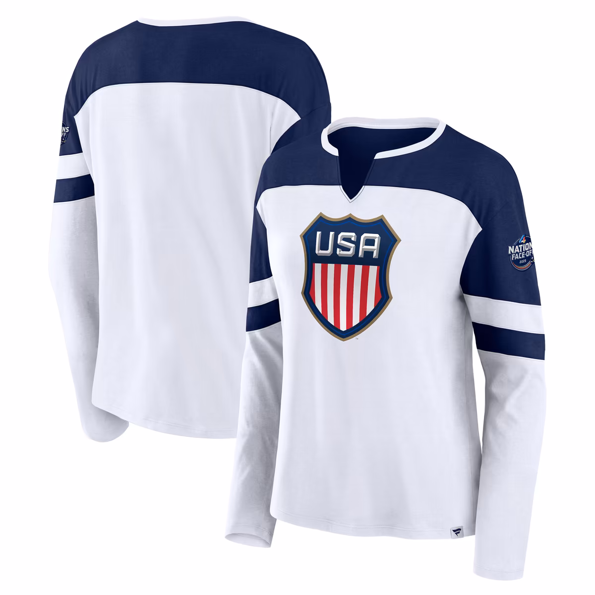 Women's Fanatics White/Athletic Navy USA 2025 4 Nations Face-Off Notch Neck Long Sleeve T-Shirt 8 Women's Fanatics White/Athletic Navy USA 2025 4 Nations Face-Off Notch Neck Long Sleeve T-Shirt