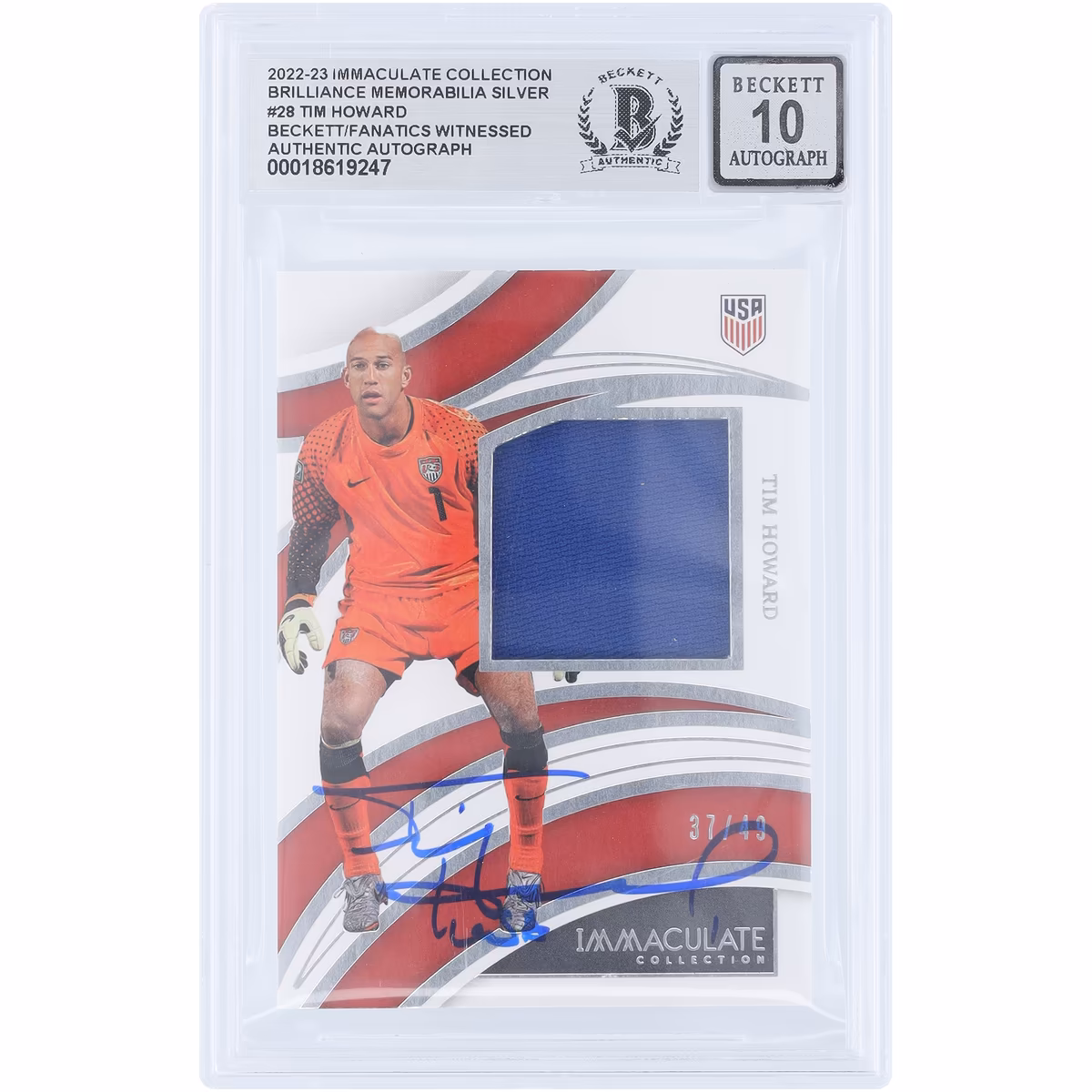Tim Howard USMNT Autographed 2014 Panini Immaculate Collection Silver Brilliance Memorabilia Relic #B-TIM #/49 Beckett Fanatics Witnessed Authenticated 10 Card
