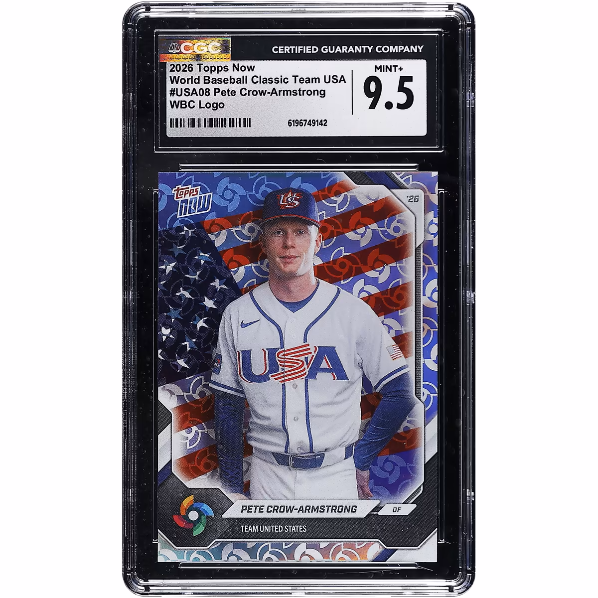 Pete Crow-Armstrong USA Baseball 2026 Topps Now World Baseball Classic Team USA WBC Logo #USA08 CGC Authenticated MINT+ 9.5 Card 4 Pete Crow-Armstrong USA Baseball 2026 Topps Now World Baseball Classic Team USA WBC Logo #USA08 CGC Authenticated MINT+ 9.5 Card