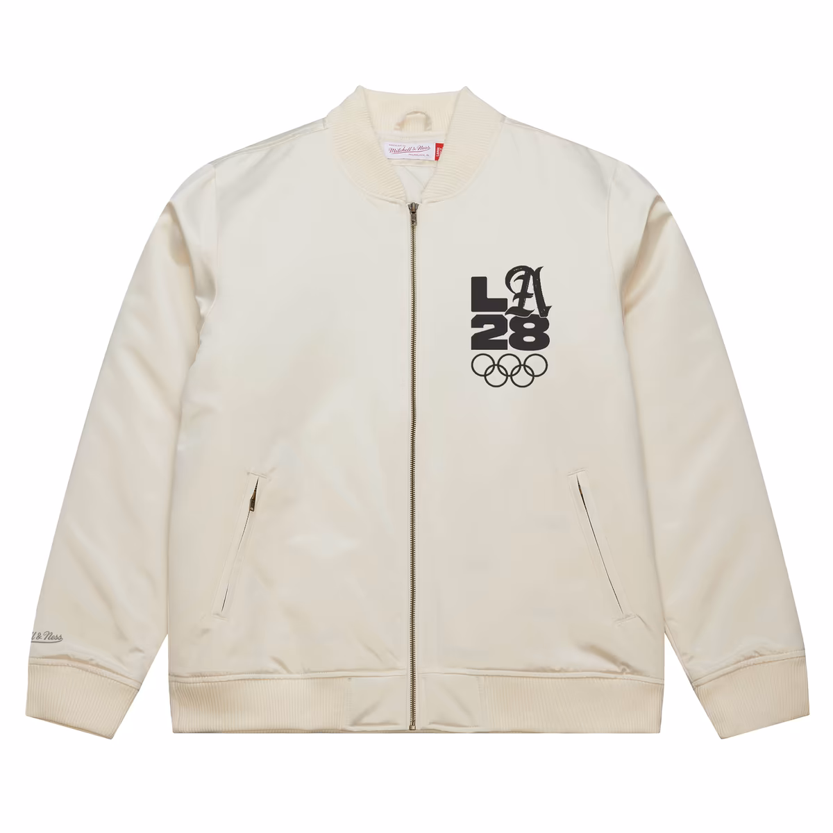 Men's Mitchell & Ness Cream LA28 Summer Olympics Satin Bomber Full-Zip Jacket
