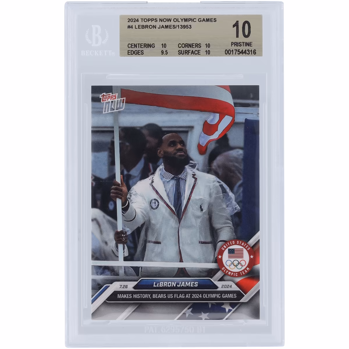 LeBron James USA Basketball 2024 Topps Now Olympic Games Makes History, Bears US Flag At 2024 Olympic Games #4 BGS Authenticated 10 Card