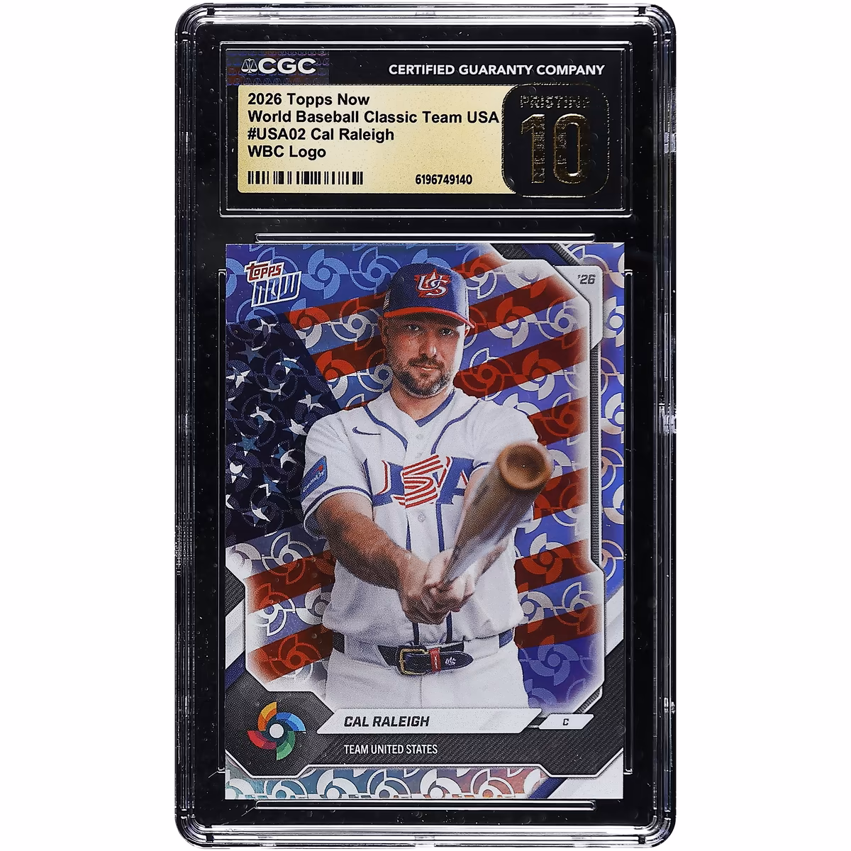 Cal Raleigh USA Baseball 2026 Topps Now World Baseball Classic Team USA WBC Logo #USA02 CGC Authenticated PRISTINE 10 Card 5 Cal Raleigh USA Baseball 2026 Topps Now World Baseball Classic Team USA WBC Logo #USA02 CGC Authenticated PRISTINE 10 Card