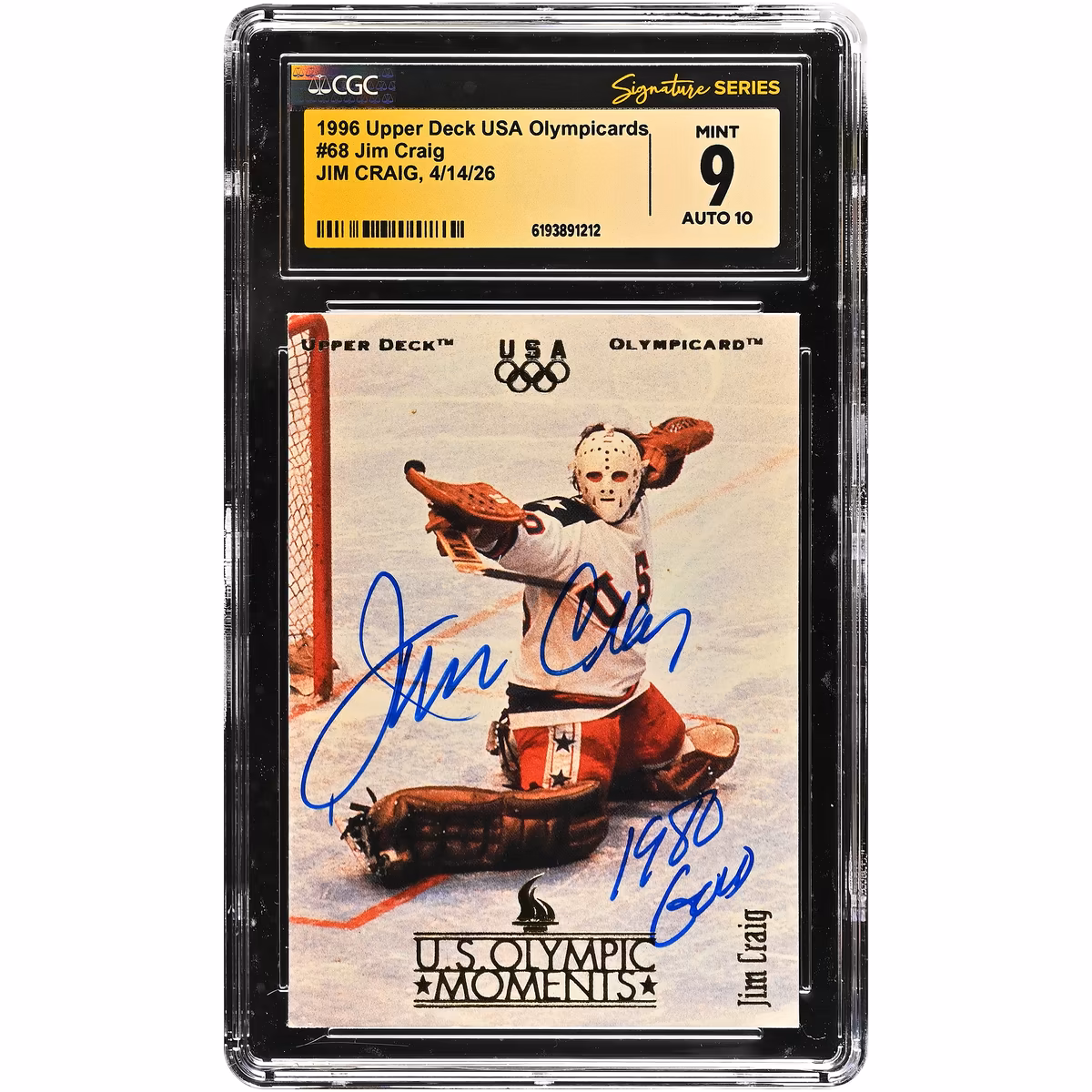 Jim Craig US Hockey Autographed 1996 Upper Deck USA Olympicards #68 CGC Fanatics Witnessed Authenticated 9/10 Card with "1980 Gold" Inscription