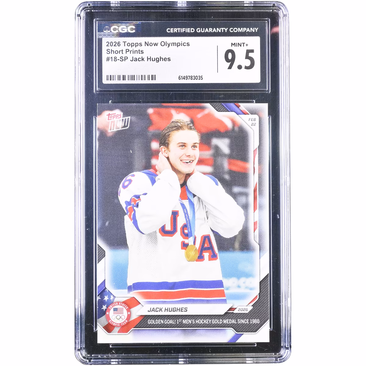 Jack Hughes Team USA 2026 Topps Now Olympics Golden Goal! 1st Men's Hockey Gold Medal Since 1980 Short Print #18-SP CGC Authenticated 9.5 Card 1 Jack Hughes Team USA 2026 Topps Now Olympics Golden Goal! 1st Men's Hockey Gold Medal Since 1980 Short Print #18-SP CGC Authenticated 9.5 Card