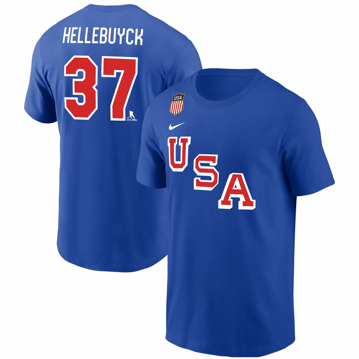 Men's Nike Connor Hellebuyck Royal USA Hockey Name & Number T-Shirt 1 Men's Nike Connor Hellebuyck Royal USA Hockey Name & Number T-Shirt