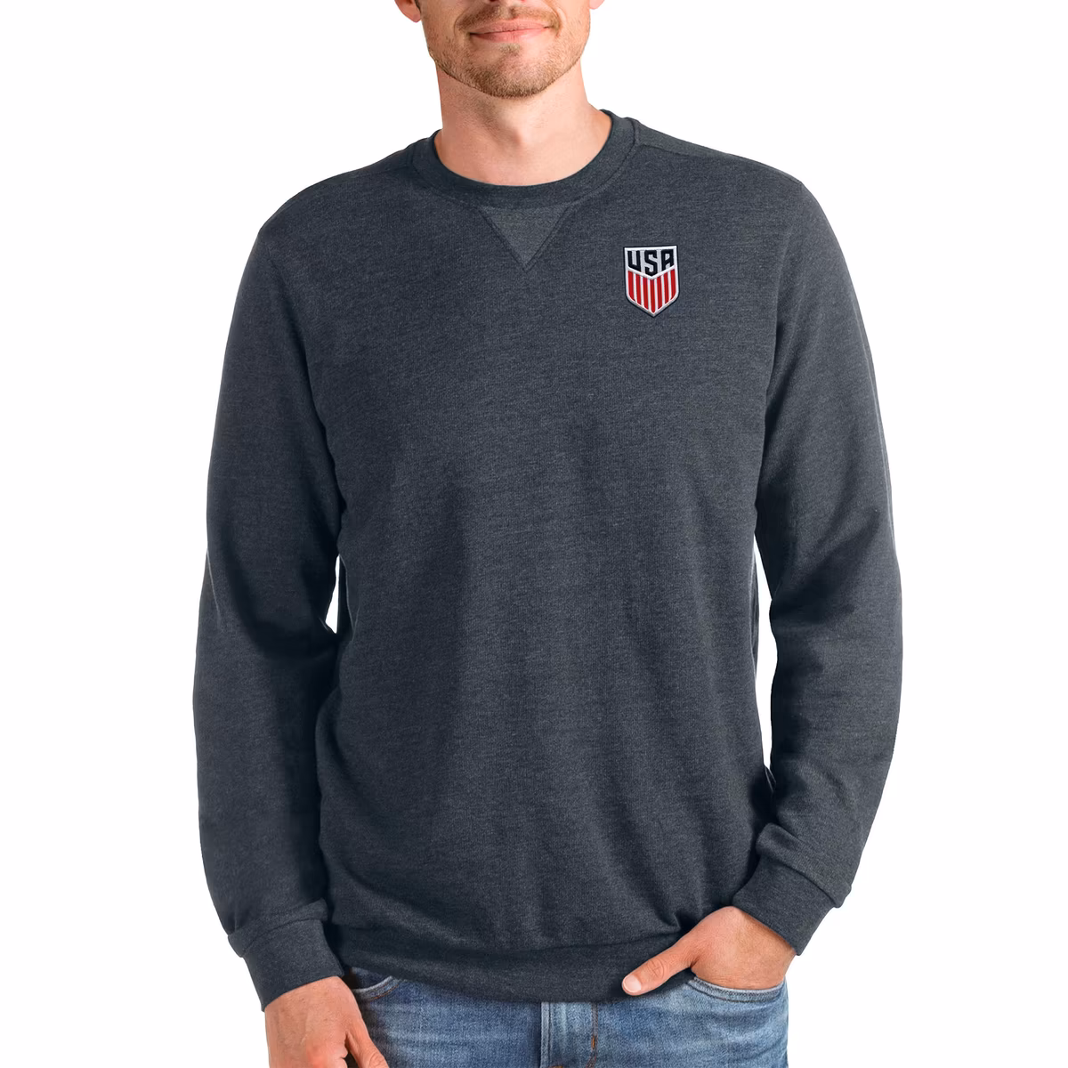 Men's Antigua Heather Charcoal USMNT Reward Crewneck Pullover Sweatshirt