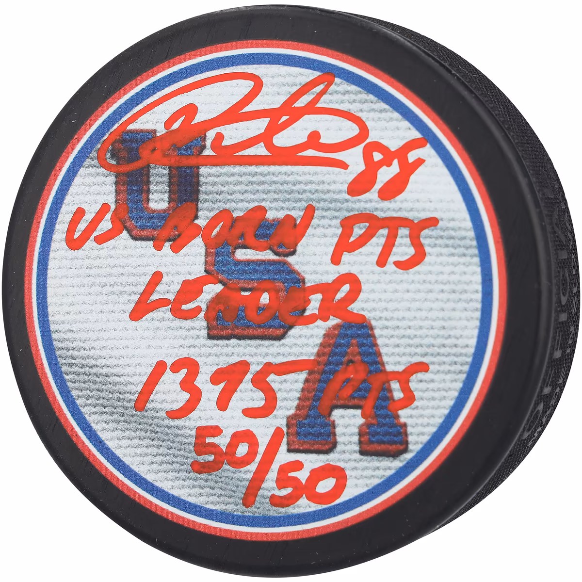 Patrick Kane USA Hockey Autographed Team USA Hockey Puck with Multiple Inscriptions - Limited Edition #50/50