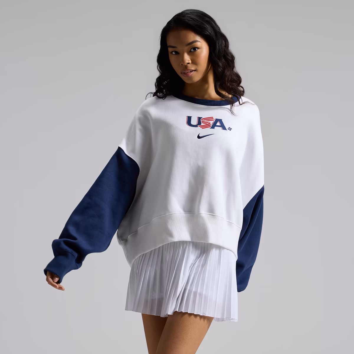 Women's Nike White/Navy USA Baseball 2026 World Baseball Classic Oversized Phoenix Fleece Sweatshirt