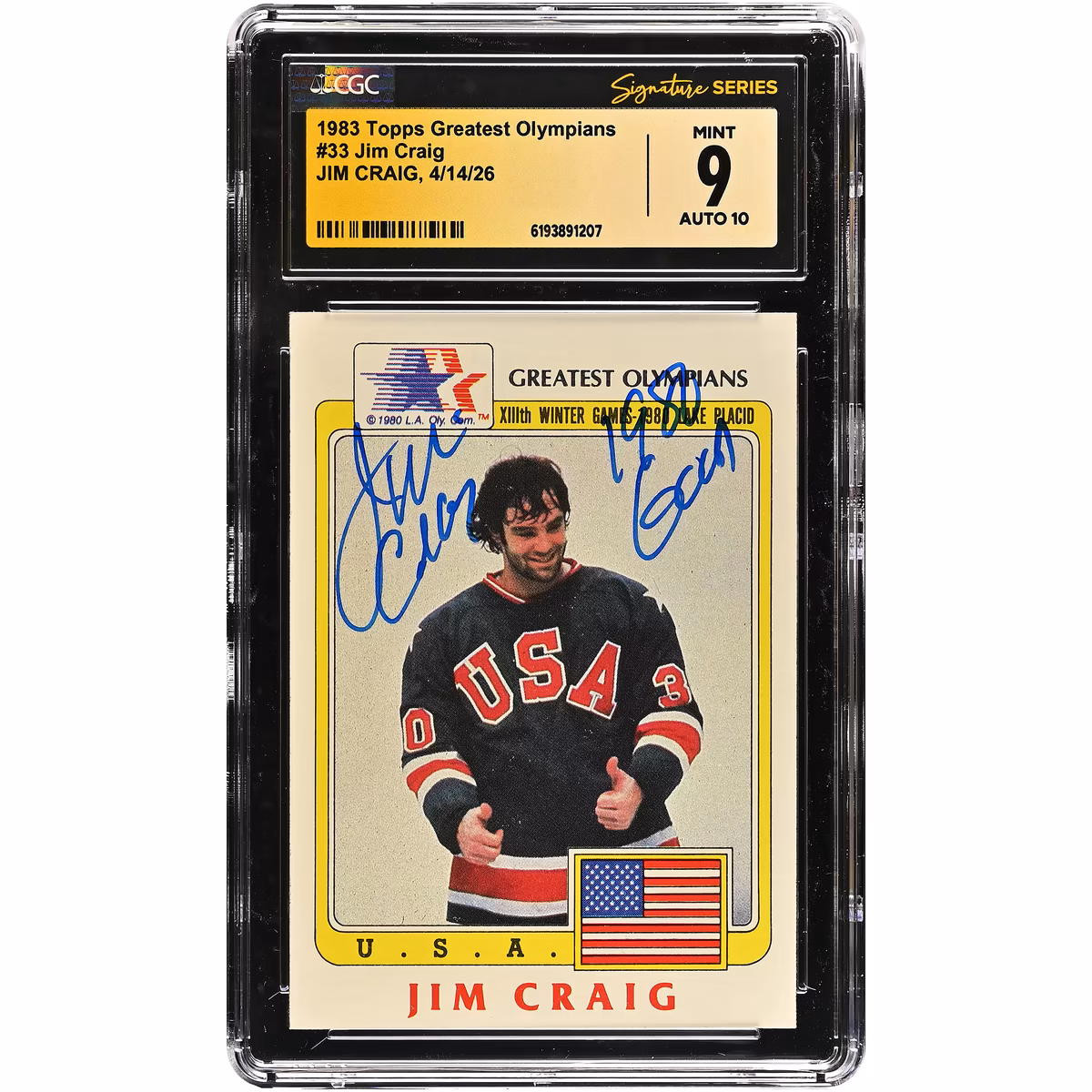 Jim Craig US Hockey Autographed 1983 Topps Greatest Olympians #33 CGC Fanatics Witnessed Authenticated 9/10 Card with "1980 Gold" Inscription 5 Jim Craig US Hockey Autographed 1983 Topps Greatest Olympians #33 CGC Fanatics Witnessed Authenticated 9/10 Card with "1980 Gold" Inscription