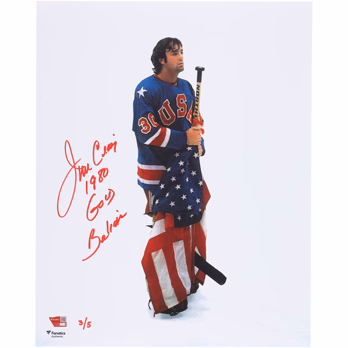 Jim Craig Team USA Autographed 16" x 20" 1980 Olympics Holding Stick & Flag Photograph with Multiple Inscriptions - Limited Edition of 5 - Signed in Red Ink 1 Jim Craig Team USA Autographed 16" x 20" 1980 Olympics Holding Stick & Flag Photograph with Multiple Inscriptions - Limited Edition of 5 - Signed in Red Ink