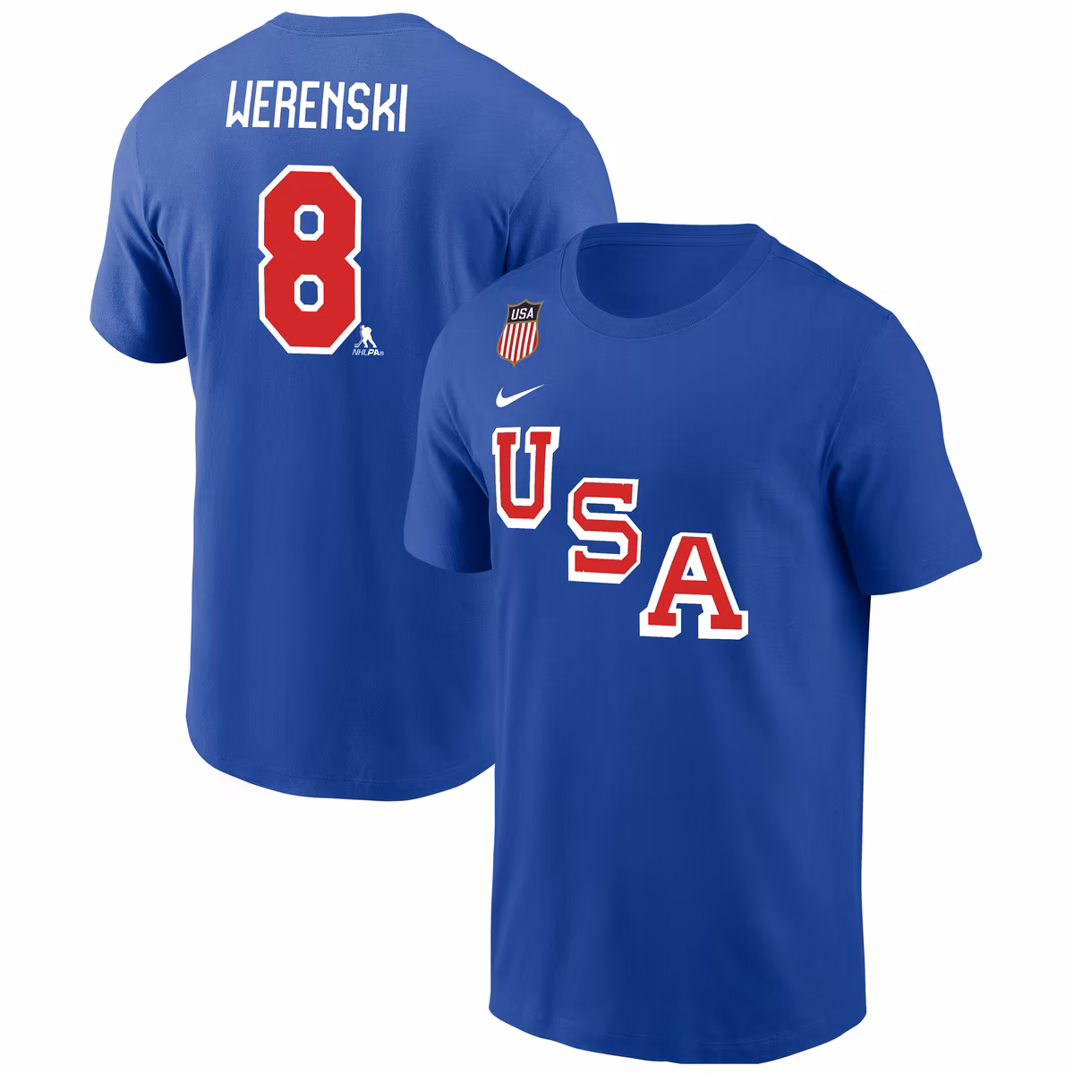 Men's Nike Zach Werenski Royal USA Hockey 2026 Name & Number T-Shirt