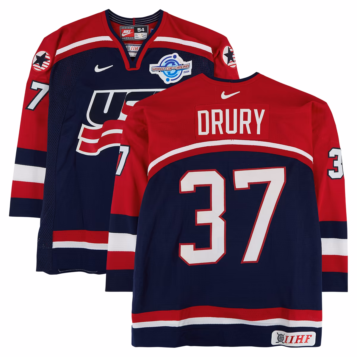 Chris Drury Team USA Game-Used #37 Navy Nike Jersey vs. Team Slovakia on September 3 during the 2004 World Cup of Hockey